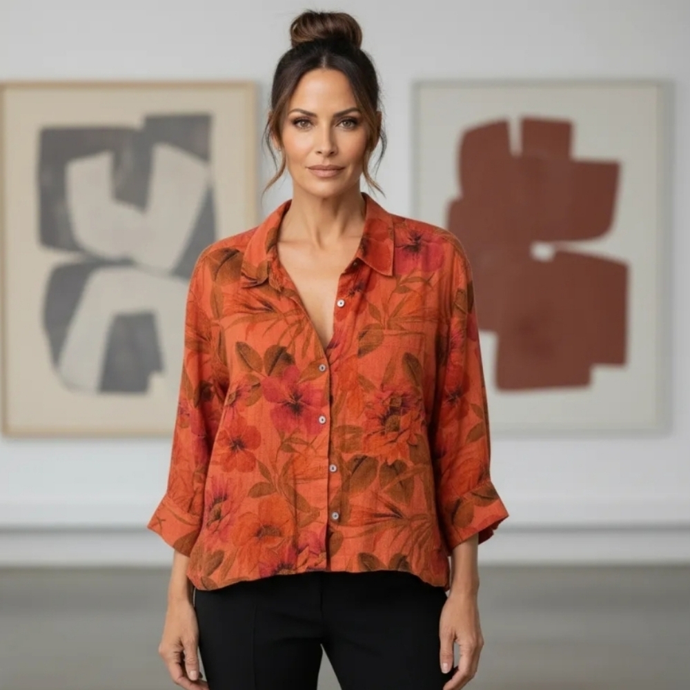 Chico's Floral Button-Up Linen Shirt Size 2